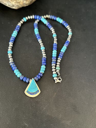 Navajo Blue Turquoise Lapis Inlay Pendant Necklace | Sterling Silver | Authentic Native American Handmade | 14636