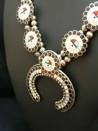 Zuni Native American Inlay Turquoise Squash Blossom Necklace Set | Sterling Silver | 2520