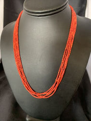 Natural Red Coral Rice Heishi Beads Necklace | 5 Strand | Sterling Silver | 20" | 12927