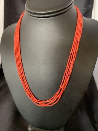 USA Natural Red Coral Rice Heishi Beads 5S Sterling Silver Necklace 20” 12927
