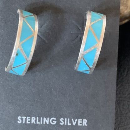 Zuni Blue Turquoise Inlay Hoop Earrings | Sterling Silver | 0.50" | 12755