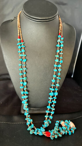 Santo Domingo Shell Turquoise Bead Pendant Jacla Necklace | 2 Strand | Pearls | Native American Handmade | 14633