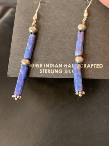Navajo Denim Lapis Lazuli Bead Dangle Drop Earrings | Sterling Silver | Authentic Native American Handmade | 13040