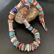 Native American Sterling Silver Necklace | Turquoise, Spiny Oyster, Coral, Lapis | 24" | 11869