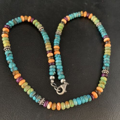 Navajo Blue Turquoise & Orange Spiny Oyster Necklace | Sterling Silver | 18" | 13433