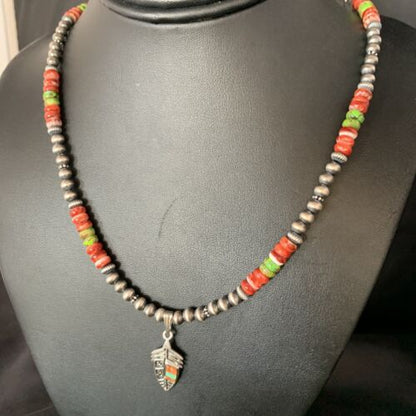 Navajo Red Spiny Oyster & Green Turquoise Pendant Necklace | Sterling Silver | Authentic Native American Handmade | 13619