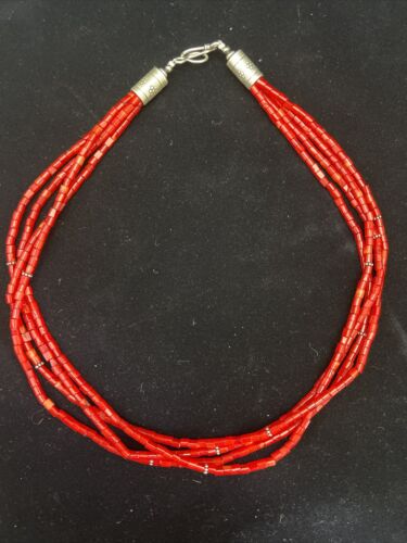 Native American Red Stabilized Coral Tubes Necklace | Sterling Silver | 18" | 1749