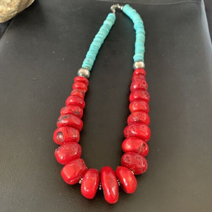Navajo Red Coral & Turquoise Bead Necklace | Sterling Silver | Authentic Native American | 21" | 13163