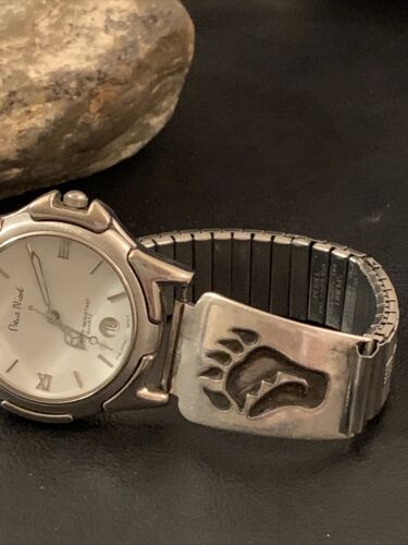 Authentic Native American Hopi Sterling Silver Watch Tips Band | Bear Paw Design | Vintage Men's Jewelry | Old Pawn | 1446