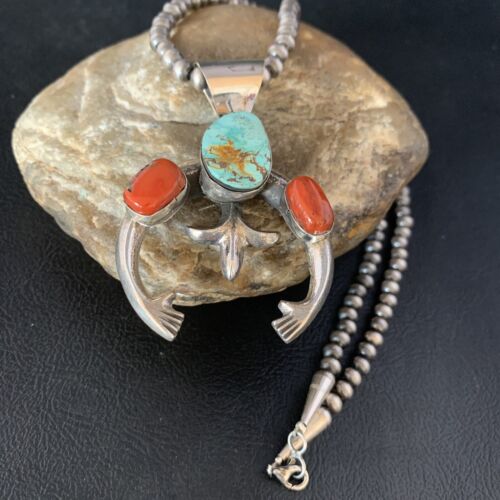 Navajo Pearl Necklace with Royston Turquoise & Coral Naja Pendant | Sterling Silver | 13643