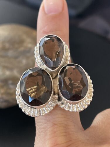 Navajo Smokey Quartz Cluster Ring | Authentic Native American Sterling Silver | Multi-Stone | Sz 8 | 11451 - Masha USA