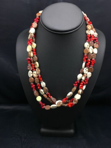 Navajo Sterling Silver Wild Horse Turquoise Coral Necklace | 3-Strand | Authentic Native American Handmade | 3097