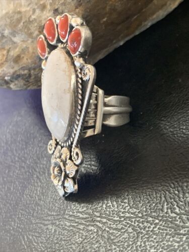 Navajo Sterling Silver Turquoise #8 Orange Spiny Oyster Ring | Authentic Native American Multi-Stone | Sz 6 | 11660