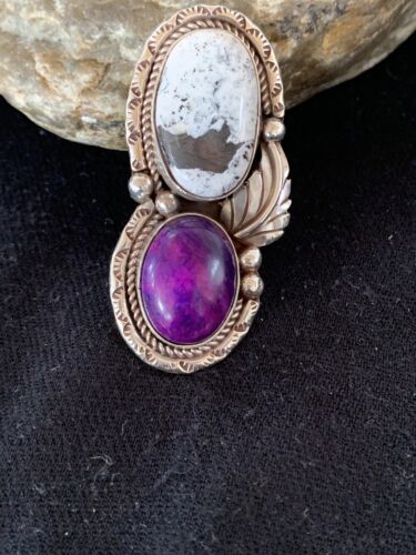 Navajo White Buffalo Turquoise & Sugilite Ring | Authentic Native American Sterling Silver | Multi-Stone | Sz 9.5 | 00309