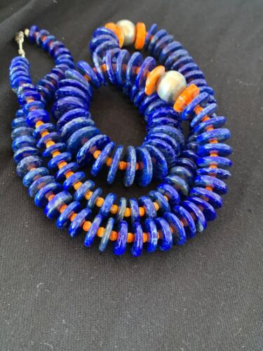 Authentic Native American Navajo Sterling Silver Beads Necklace Set | Lapis & Spiny Oyster| 30" | 11856