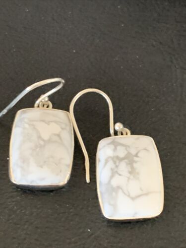 Navajo Sterling Silver White Howlite Black Dangle Rectangle Earrings | 0.75" | 12072