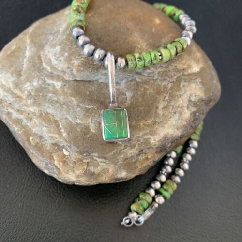 Navajo Green Gaspeite Turquoise Pendant | Sterling Silver | Authentic Native American Handmade | 13266