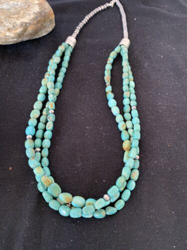 Navajo Royston Turquoise Necklace | 3 Strand | Sterling Silver | Authentic Native American Handmade | 494