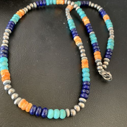 Navajo Blue Lapis Turquoise Orange Spiny Oyster Necklace | Sterling Silver | 22" | 13365