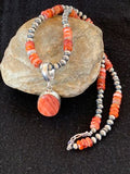 Navajo Red Spiny Oyster Pendant Necklace | Sterling Silver | Authentic Native American Handmade | 8820