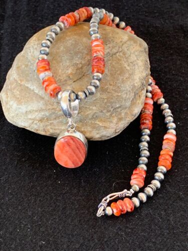 Navajo Red Spiny Oyster Pendant Necklace | Sterling Silver | Authentic Native American Handmade | 8820