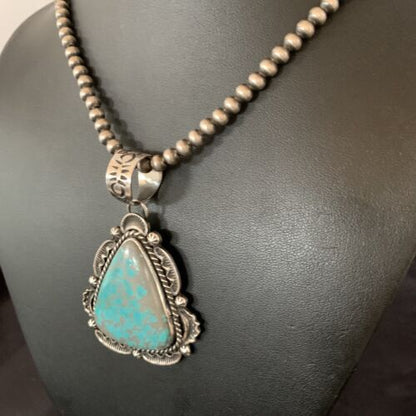 Navajo Pearls Sterling Silver Necklace with Blue Turquoise #8 Pendant | Authentic Native American Handmade | 11311