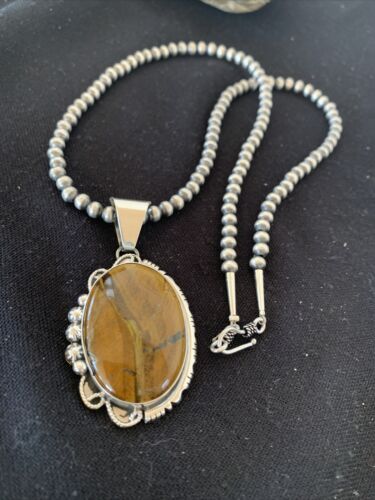 Men's Navajo Pearls Necklace | Sterling Silver | Coffee Tiger's Eye Pendant | Authentic Native American Handmade | 1541