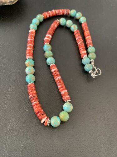 Men's Royston Turquoise & Red Spiny Necklace | Navajo Pearl | Sterling Silver | Native American | 22" | 2173