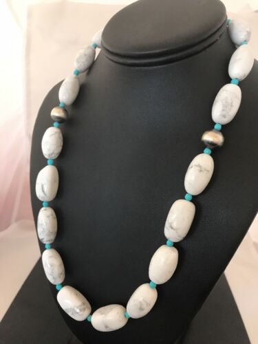 Navajo White Howlite Turquoise Beads Necklace | Sterling Silver | 22" | Authentic Native American Handmade | 10241