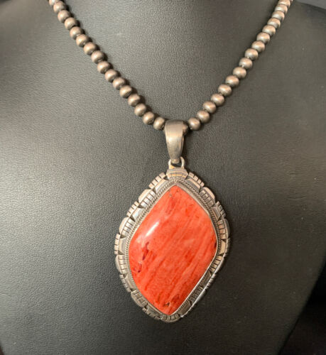 Navajo Red Spiny Oyster Pendant Necklace | Sterling Silver | Authentic Native American Handmade | 13788