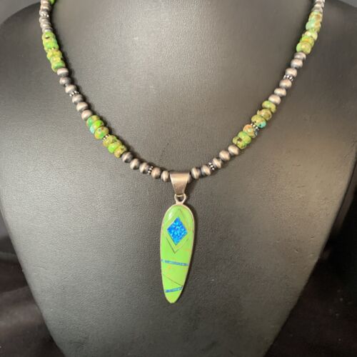 Navajo Green Turquoise Gaspeite Inlay Necklace | Sterling Silver | Authentic Native American Handmade | 13809