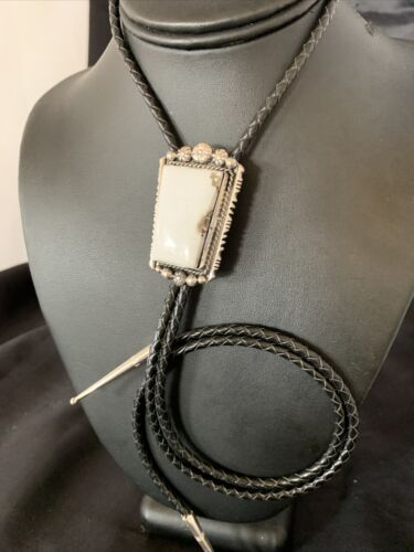 Men's Bolo Tie | White Buffalo Turquoise | Sterling Silver | Navajo | Authentic Native American Handmade | 12906