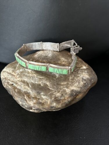 Native American Women's Green Gaspeite Inlay Link Bracelet | Sterling Silver | 7.5" | 14270