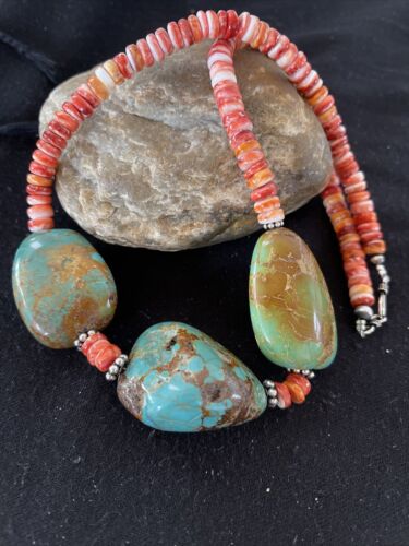 Chunky Turquoise and Red Spiny Oyster Necklace | Navajo Pearls | Sterling Silver | 22" | Native American Handmade | 1238 - Masha USA