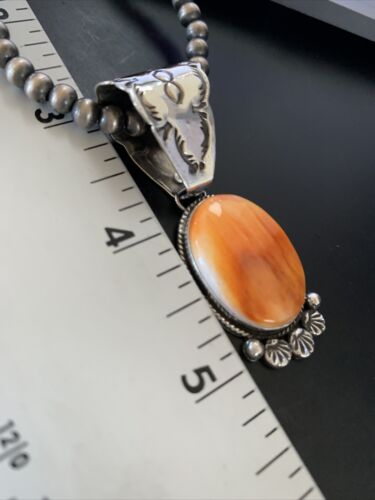 Navajo Orange Spiny Oyster Pendant Necklace | Sterling Silver | Authentic Native American Handmade | 13085
