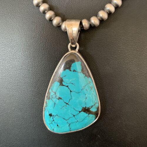 Men's Navajo Blue Spiderweb Turquoise Pendant Necklace | Sterling Silver | Authentic Native American Handmade | 10666