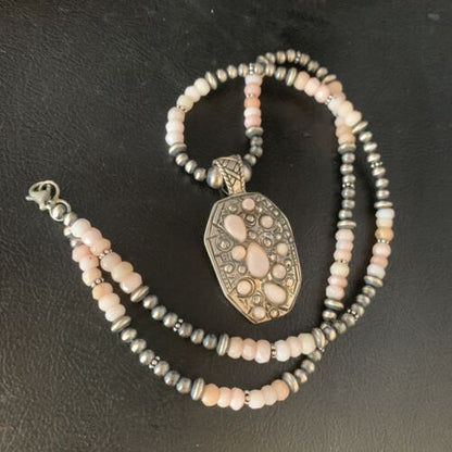 Navajo Pink Opal Beads Necklace | Multi-Stone Mother of Pearl Pendant | Sterling Silver | 13441
