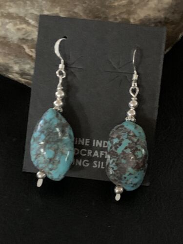 Navajo Turquoise Bead Nugget Earrings | Sterling Silver Pearls | 1" | Authentic Native American Handmade | 12891