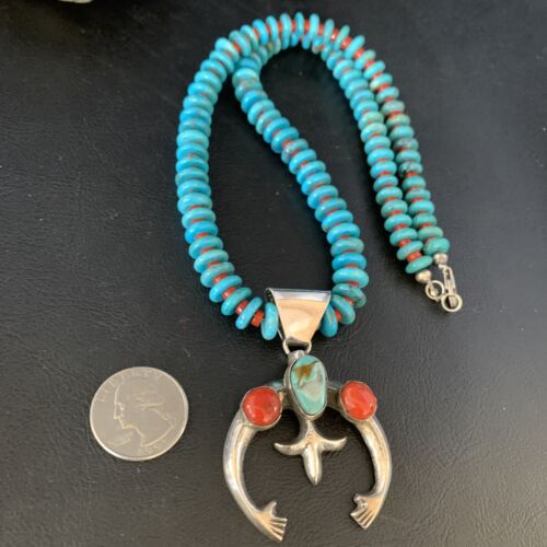 Navajo Sterling Silver Necklace | Blue Turquoise & Coral Naja Pendant | Authentic Native American Handmade | 13748