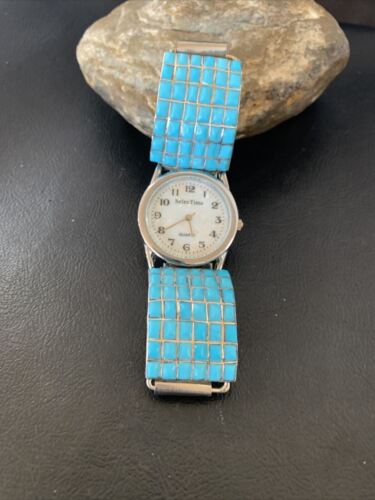 Men Native American Zuni Sterling Silver Watch Blue Turquoise Inlay Tips 2120