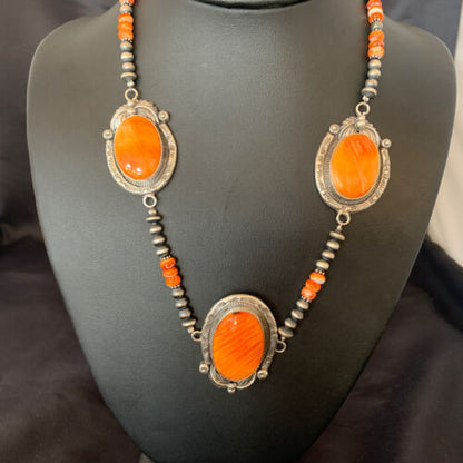 Navajo Pearls Orange Spiny Oyster Necklace Pendant | Sterling Silver | Authentic Native American Handmade | 10818