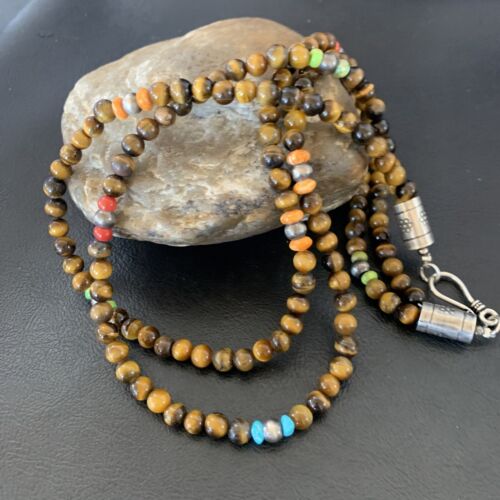 Navajo Tigers Eye Spiny Oyster Turquoise Necklace | Sterling Silver | 20" | Authentic Native American Handmade | 11834