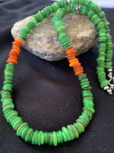 Navajo Pearls Necklace | Orange Green Mother of Pearls | Sterling Silver | Authentic Native American Handmade | 20" | 1053