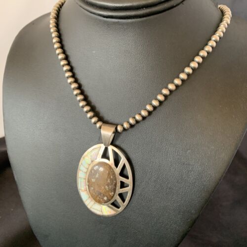 Navajo White Opal Inlay Jasper Pendant | Sterling Silver | 2.5" | Authentic Native American Handmade | 12271
