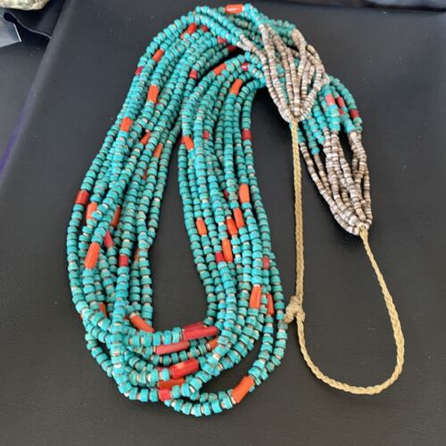 Southwestern Santo Domingo Coral Spiny Blue Turquoise Necklace | 38" | Authentic Native American Handmade | 12050