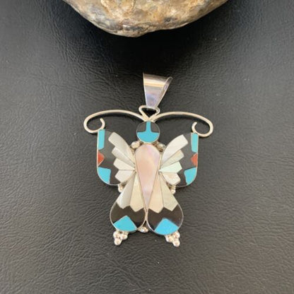 Zuni Blue Turquoise Coral Butterfly Inlay Pendant | Sterling Silver Necklace | Authentic Native American Inlay | 11967 - Masha USA