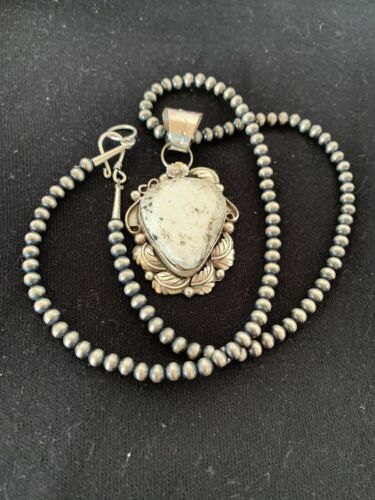 Navajo Pearls Necklace with White Buffalo Turquoise Pendant | Sterling Silver | Authentic Native American Handmade | 349