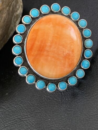 Navajo Blue Turquoise & Spiny Oyster Cluster Ring | Authentic Native American Sterling Silver | Multi-Stone | Sz 9-12 | 10628