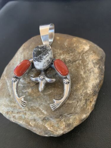 Navajo White Buffalo Turquoise Coral Naja Pendant | Sterling Silver | Authentic Native American Handmade