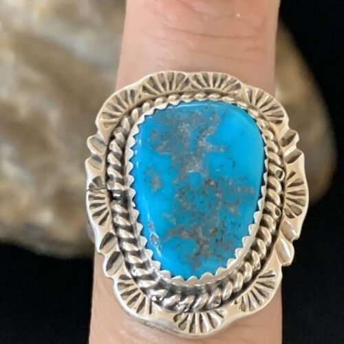 Navajo Blue Kingman Turquoise Ring | Sterling Silver | Sz 8.5 | Authentic Native American Handmade | 12961